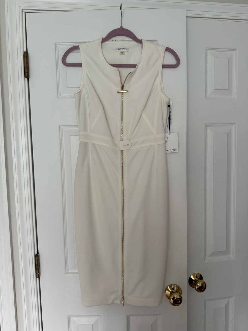 Calvin Klein Cream Sleeveless Sheath Dress with Gold Zip